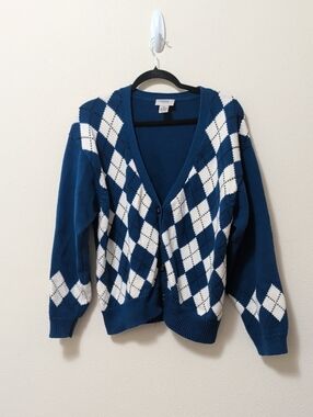 Blue Argyle V-Neck Button Cardigan Sweater